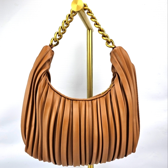 Madison West Pleated Beige Chain Hobo Bag - Picture 1 of 8
